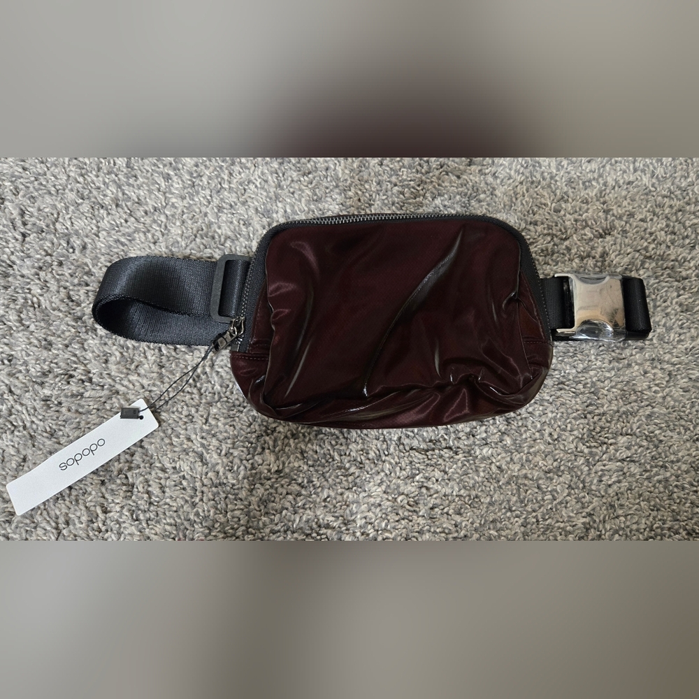 Compact Burgundy Belt Bag Multiple Compartments, Adjustable Waist Strap, NWT